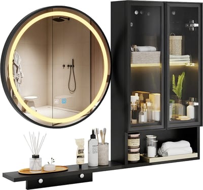 Puluomis - Badkamerspiegelkast - LED verlichting - Wandmodel - 50cm Ronde spiegel - Anti-condens - Glazen kastdeuren