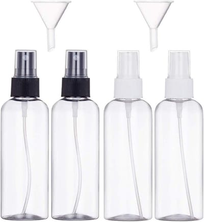 Set van 4 Lege 100ml Sprayflessen met Fijne Mist, 2 Trechters en 12 Labels - Herbruikbare en Navulbare Toilettas voor Cosmetica en Reizen