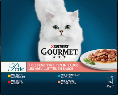 GOURMET PERLE Verfijnde reepjes in saus (kip, rundvlees, tonijn, zalm) (1 x 24 x 85g)