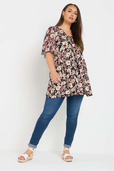 Yours Geplooide Top Met Bloemenmotief En Meshmouwen In Beige/Zwart Size 42