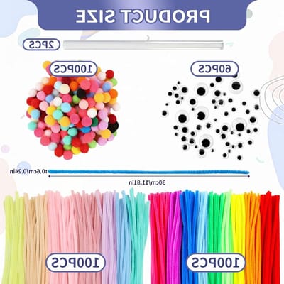 Bastelset met 362-delige chenilledraden, pompons en zelfklevende oogjes voor creatieve projecten, ideaal voor bloemen en dieren