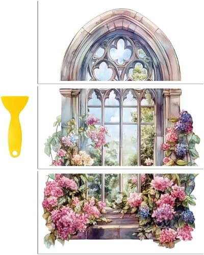 Rub on Transfers voor Creatieve Projecten, 3 Stuks, Gotisch Raam met Bloemen, 15cm x 30cm, UV DTF Waterdicht Meubeltransfer voor Lades, Kasten, Porselein, Hout, Glas en Plastic