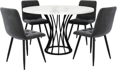 5-Delige Eettafelset, Ronde Eettafelset, Moderne Keuken Eettafel en Stoelenset, Keukenmeubilair – De tafel meet 80x80x76 cm, Inclusief 4 Stoelen, Tafelblad Met Marmerlook, Zwart Metalen Tafelpoten