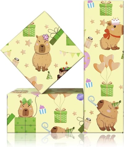 Inpakpapier Capybara kinderen - schattige capibara's verjaardagshoed en ballon - 4 vellen 50 x 70 cm