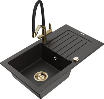 Mexen Pablo granieten gootsteen 1-komor met druiprek en keukenkraan Duo, zwart/goud metallic - 6510-75-671701-57-G