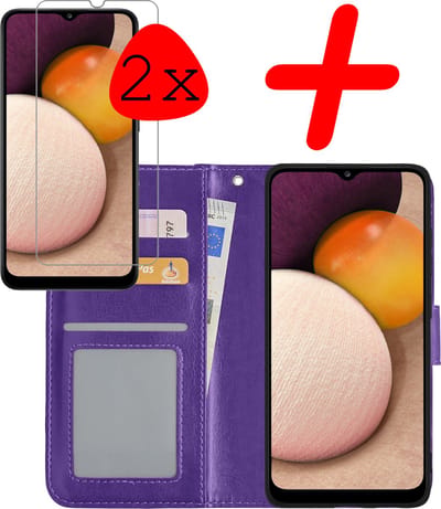 Hoesje Met 2x Screenprotector - Geschikt voor Samsung Galaxy A02s - Luxe Pasjeshouder - Bookcase Portemonee - Flip Case - Kunstleer Book Case - Flipcase Hoes - Book Cover - Walletcase - Portemonneehoes - Paars
