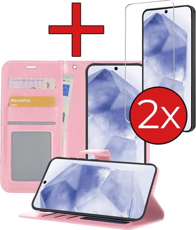 Hoesje - Met 2x Screenprotector - Geschikt voor Samsung Galaxy A55 - Luxe Pasjeshouder - Flip Case - Bookcase Portemonee - Kunstleer Book Case - Flipcase Hoes - Book Cover - Walletcase - Portemonneehoes - Telefoonhoes - Lichtroze