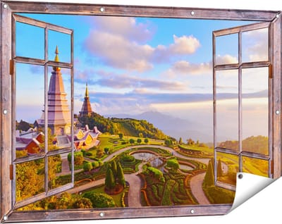 Gards Tuinposter Doorkijk Pagode Tempels in de Inthanon Berg in Thailand - 120x80 cm - Tuindoek - Tuindecoratie - Wanddecoratie buiten - Tuinschilderij