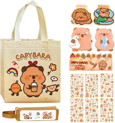 Dailygoods- Schrijfwarenset Kawaii Capybara - Etui - Pennen - Notitieblok - Plakstrips - Cadeau voor kinderen - Duurzaam canvas - Schoolspullen