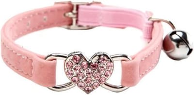 Verstelbare kattenhalsband met bel, kristallen hartje en bling in roze voor katten van 20-35 cm