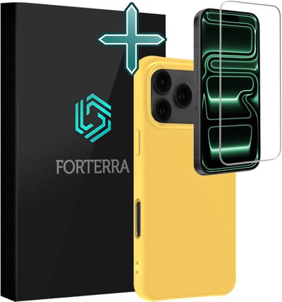 Hoesje Met Screenprotector - Geschikt voor Apple iPhone 17 Pro Max - Sterk & Shockproof - Telefoon Hoes - Back Cover - Siliconen Case - Geel