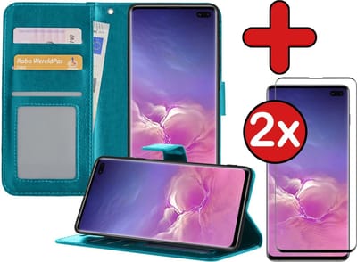 Hoesje - Met 2x Screenprotector - Geschikt voor Samsung Galaxy S10 - Luxe Pasjeshouder - Flip Case - Bookcase Portemonee - Kunstleer Book Case - Flipcase Hoes - Book Cover - Walletcase - Portemonneehoes - Telefoonhoes - Turquoise