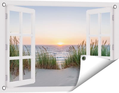 Gards Tuinposter Doorkijk Zee vanuit Duinen met Zonsondergang - 60x40 cm - Tuindoek - Tuindecoratie - Wanddecoratie buiten - Tuinschilderij