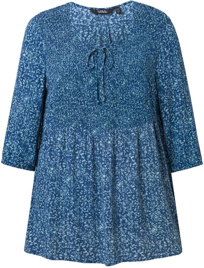 Ulla Popken - Dames - Gerimpelde blouse stippen A-lijn ronde hals 3/4-mouwen - Donkerblauw - Maat 46+