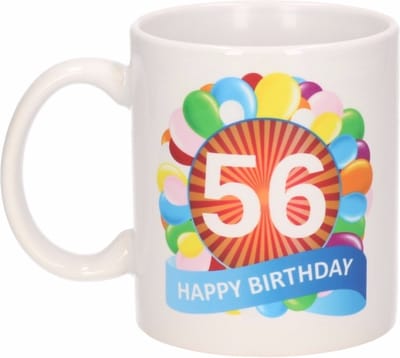 56 jaar Verjaardag koffiemok - cadeau beker - feestelijke ballonnen print - 300 ml - keramiek - wit
