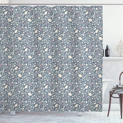 ABAKUHAUS Bloemenweinlese douchegordijn – polyester – 175x180 cm – paarsblauw / eierschaalkleur