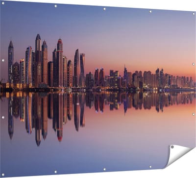 Gards Tuinposter Skyline Dubai Stad bij Zonsondergang - 160x120 cm - Tuindoek - Tuindecoratie - Wanddecoratie buiten - Tuinschilderij
