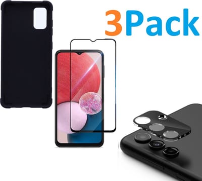Anti-Schok Siliconen Hoesje Back Cover zwart + Display Full Tempered Glass Screen Protector  + Camera lens Beschermer zwart Geschikt voor: Samsung Galaxy A13 5G