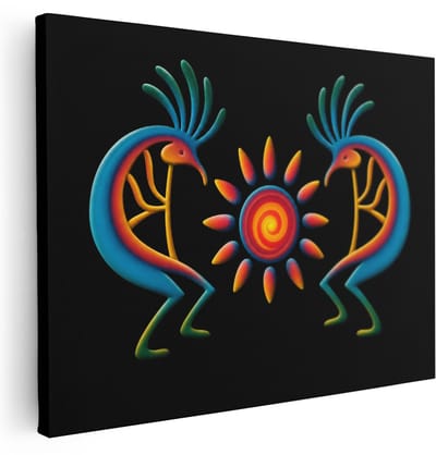 Artaza Canvas Schilderij Kokopelli Abstract - Kleurrijke Symbolische Figuren - 120x90 cm - Groot - Wanddecoratie Woonkamer - Schilderijen - Muurdecoratie