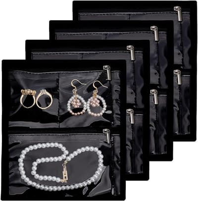 Reisjuwelendoosje - 4-delige organizer voor sieraden, oorbellen, ringen, kettingen en armbanden - 19.5 x 16.5 cm, zwart, ideaal voor op reis en opslag