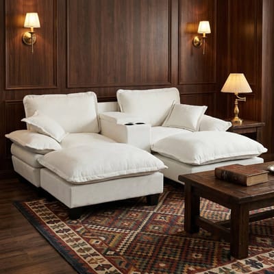 OKWISH Hoekbank 224 x 151 cm - Met USB, Opbergruimte En Bekerhouders - Voor Woonkamer En Appartement - Chenille - Beige
