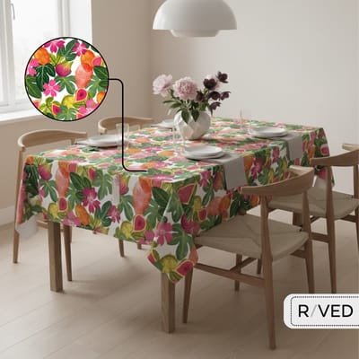 Raved Tafelzeil – 140 cm x 220 cm – Roze Fruit Groen – Bloemen – PVC – Afwasbaar