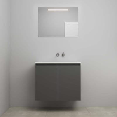 On-Line Badkamermeubelset - 80 cm - Bouwpakket - Greeploos 2 Deuren - Acryl Wastafel - zonder Kraangat - Spiegel met LED-Verlichting - Mat Antraciet