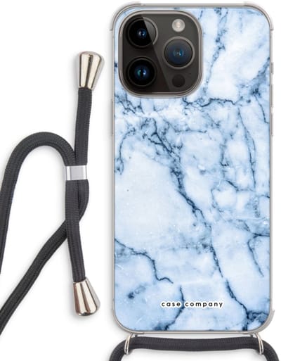 Case Company® - Hoesje met koord geschikt voor iPhone 14 Pro Max hoesje met Koord - Blauw marmer - Telefoonhoesje met Zwart Koord - Bescherming aan alle Kanten en Over de Schermrand
