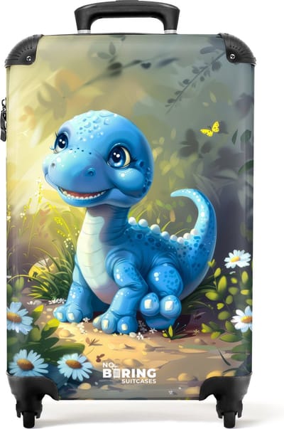 NoBoringSuitcases.com® - Kinderkoffer - Kindertrolley - Blauwe dinosaurus omringd door madeliefjes - Handbagage koffer lichtgewicht - Reiskoffer trolley - Rolkoffer met wieltjes - Past binnen 55x40x20 en 55x35x25