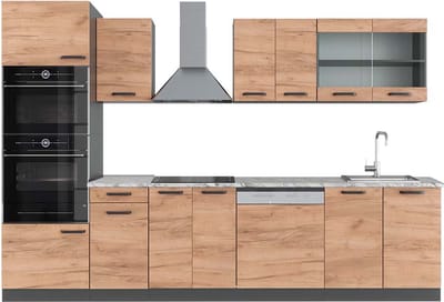 Vicco R-Line Complete keukeneenheid – 300 cm met hoge kast, WB Marmer Eik goud/antraciet