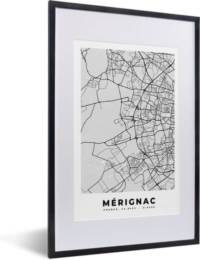 Fotolijst incl. Poster - Kaart - Stadskaart - Mérignac - Plattegrond - Frankrijk - 40x60 cm - Posterlijst