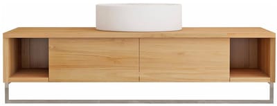 Vente-unique zwevend badkamermeubel in teakhout met handdoekhouder en ronde keramische opzetwastafel - 120 cm - KUPANG