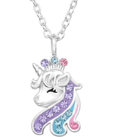 Joy|S - Zilveren eenhoorn paard hanger - kristal - unicorn - inclusief ketting 45 cm - zilver met roze paars en blauw