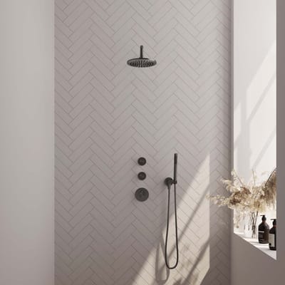 Brauer Gunmetal Edition thermostatische inbouw regendouche SET 03 met 20 cm douchekop en gebogen muurarm en staaf handdouche en doucheslang en wandaansluitbocht gunmetal geborsteld PVD