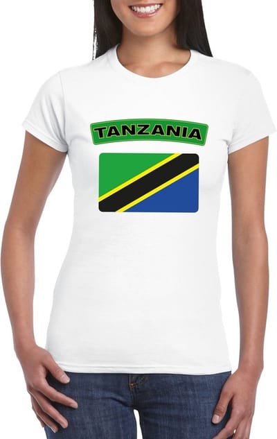 Vlag Tanzania t-shirt - wit - met vlag van het land print - voor dames - korte mouwen - supporters S