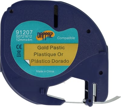 Plastic Labels Zwart op GOUD Compatible - geschikt voor Dymo LetraTag Labelprinter - Labeltape 91207 - 12 mm x 4 m - Dappaz 1 stuk