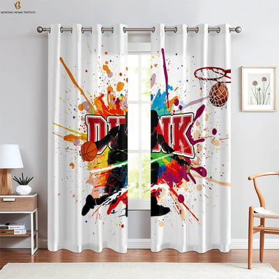 2-delige Vlam Basketbal 3D Geprinte Gordijnen Polyestervezel Machinewasbaar Slaapkamer Woonkamer Keuken Decoratieve Gordijnen W50xH130(CM)x2PCS&Rod pocket white