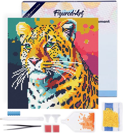 Figured'Art Mini Diamond Painting set Volwassenen 25x25 cm met lijst Luipaard Abstracte Pop-Art - 5D DIY Art full drill ronde diamant - Canvas al ingelijst