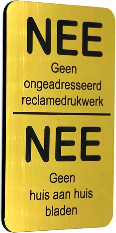 NEE Geen ongeadresseerd reclamedrukwerk Nee Geen huis aan huis bladen - Brievenbus Sticker - Goud Look - incl. 3M-tape plakstrip - 50 mm x 80 mm x 1,6 mm - Namengigant