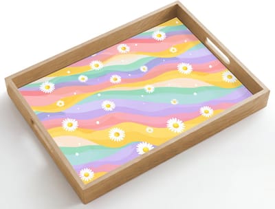 Dienblad hout 50x35 cm - Schootdienblad - Madeliefjes - Kleurrijk - Pastel - Borrelplank rechthoek - Plateau dienbladen