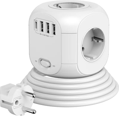 Stekkerdoos met 4 stopcontact en 4 USB-oplaadpoorten - Stopcontact met USB C, wandmontage (4000W) met 1,8m kabel - Snellader voor Laptop, Telefoon & Tablet - Oplader
