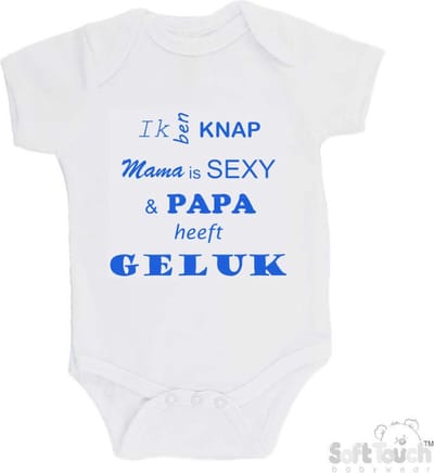 100% katoenen Romper "Ik ben knap Mama is SEXY & Papa heeft GELUK" Jongens Katoen Wit/blauw Maat 56/62
