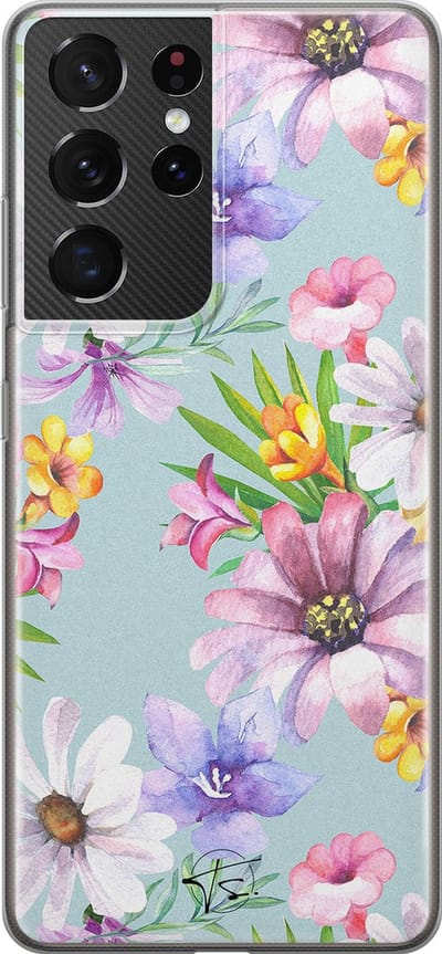 Hoesje geschikt voor Samsung Galaxy S21 Ultra - Mint bloemen - Soft Case - TPU - Bloemen - Blauw - Mooie Telefoonhoesjes