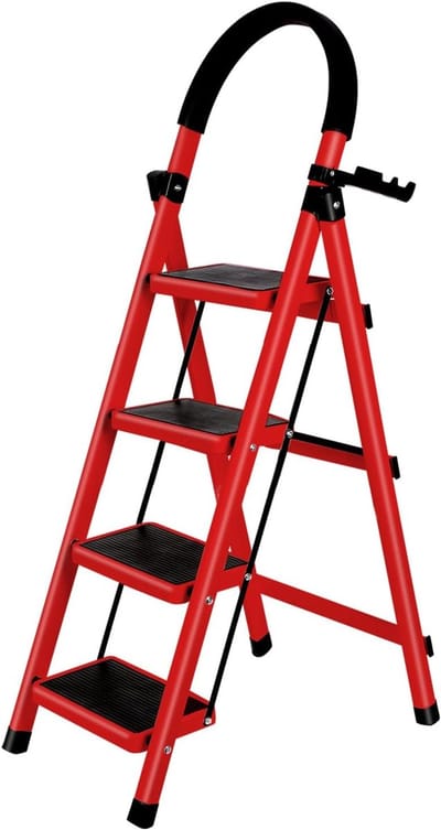 Opvouwbare trapladder - Vouwkruk - Klusklussen - Met gereedschapsplateau - 4 treden - Roze