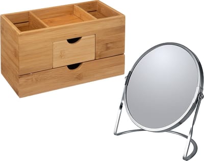 5Five Make-up organizer en spiegel set - lades/vakjes - bamboe/metaal - 5x zoom spiegel - zilver/bruin