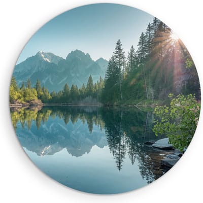 Saammp Muurcirkel Hout - Bergen - Zon - Meer - botanisch - Landschap - Natuur - Ø 90 - Wandcirkel - Wanddecoratie Cirkel - Muurdecoratie Woonkamer - Slaapkamer decoratie - Rond Schilderij