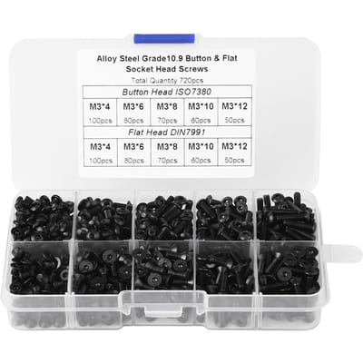 720 stuks M3*4681012 Zwarte Legeringsstaal Platte Kop Zeskant Schroeven met Plastic Doos