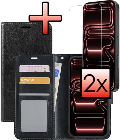 Hoesje - Met 2x Screenprotector - Geschikt voor Apple iPhone 17 Pro - Luxe Pasjeshouder - Bookcase Portemonee - Flip Case - Kunstleer Book Case - Flipcase Hoes - Book Cover - Walletcase - Portemonneehoes - Zwart