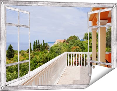 Gards Tuinposter Doorkijk Terras in Toscane - 90x60 cm - Tuindoek - Tuindecoratie - Wanddecoratie buiten - Tuinschilderij