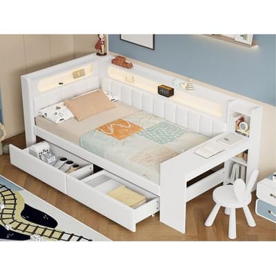 ModernLuxe Gestoffeerde slaapbank 90x200 cm - met USB-poorten en LED - met bureau en 2 laden - wit (zonder matras)